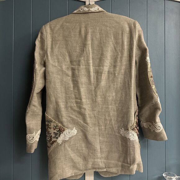 Harris Wallace Women’s Oatmeal Linen Jacket Floral Appliqué Petite Size M PM - Picture 7 of 9